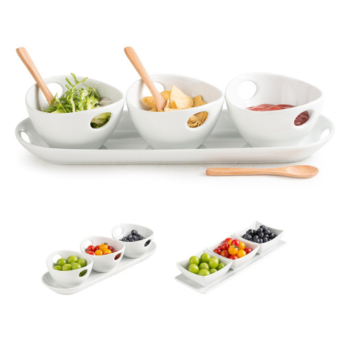 Miamolo Ceramic Chip and Dip Serving Set with Tray and Spoons, 3 Piece Dipping Bowls with Handles, Small Serving Bowls Condiment Tray for Snacks, Appetizers, Sauces, Candy
