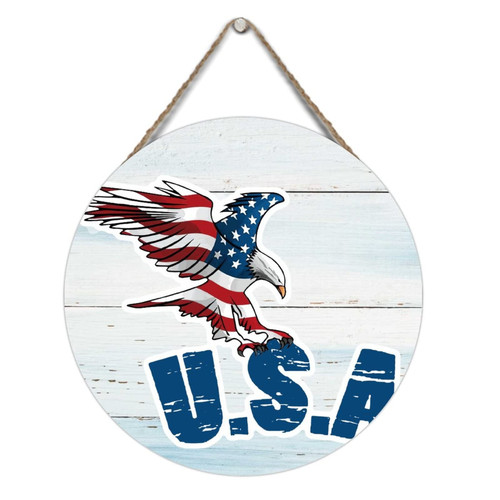 4th of July American Patriotic Wood Plaque 12x12in Round, American Eagle USA Rustic Wood Sign Wooden Hanging Sign Living Room Sign Rustic Country Home Decor
