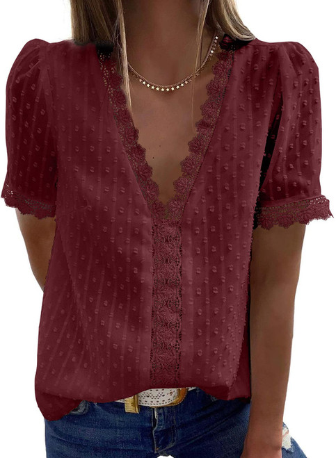 Astylish Womens Chiffon Blouse Swiss Dot Casual Short Sleeve V Neck Pom Pom Shirts Tops Red Medium