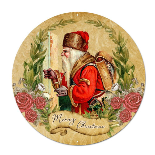 Welcome Sign Front Decor Rustic Christmas Santa Round Tin Sign Christmas Decor Metal Wall Art 12in Weatherproof Plaque Tin Sign for Home Kitchen Bathroom Garage