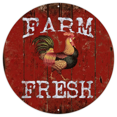 Red Distressed Board Farm Fresh Rooster Metal Sign Wall Art Farm Gold Rooster Hen Metal Wall Sign Cock Rooster Coop Decor Round Retro Aluminum Metal Signs for Kid Room Living Room 12x12in