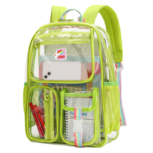 LISINUO Clear Backpack for Girls, Heavy Duty Clear Bookbag Stadium Approved with Keychain(Green)