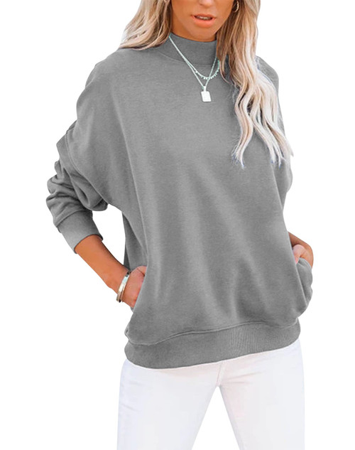 Minclouse Women's Casual Long sleeves Sweatshirt Tops Basic Loose Fit Mock Turtleneck Lightweight Tunic Pullover With Pocket (Grey, Medium)