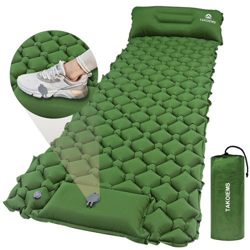 Sleeping Pad for Camping, Ultralight Inflatable Compact Sleeping Pad with Built-in Foot Pump, Camping Sleeping Pads for Backpacking Hiking Tent Travel Waterproof Camping Air Mattress with pillow Green