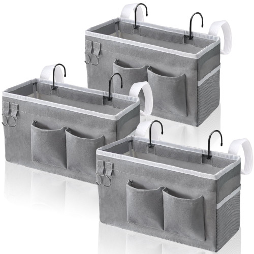 Kanrichu 3pcs Bedside Caddy Hanging Storage Bag, Organizer Baskets with Pockets for Bunk Bed Shelf and Hospital Beds, Loft & Dorm Rooms Chair Bed Rails Accessories (Bedside bag-Grey)