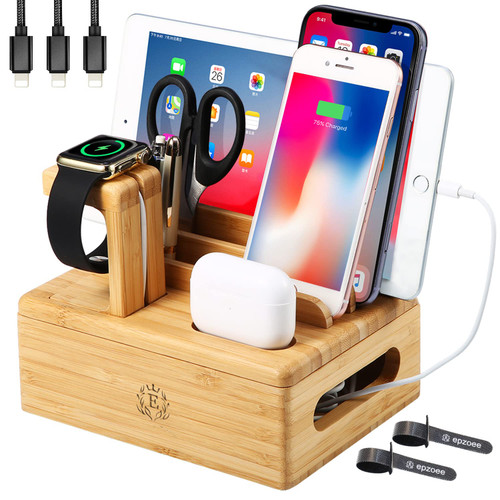 Bamboo Charging Stations for Multiple Devices, Upgrade Desk Docking Station Organizer for Cell Phones, Tablet, AirPods, iWatch Stand Gift for Love