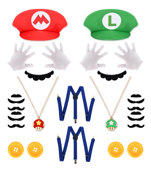 PIIDUOO Mary Luigi Costume for Kids Halloween - 2 Sets Super Bros Hats Mustaches Gloves Buttons Suspenders Costumes Accessories for Boys Girls Cosplay