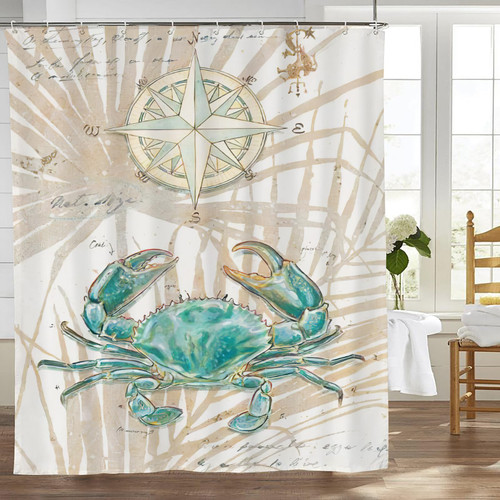 Ocean Beach Coastal Bathroom Decor Shower Curtain Teal Crab Shower Curtain Blue Sea Nautical Compass Shower Curtain Ocean Animal Bathroom Decor Shower Curtain with Hooks Waterproof Fabric 72x72Inch