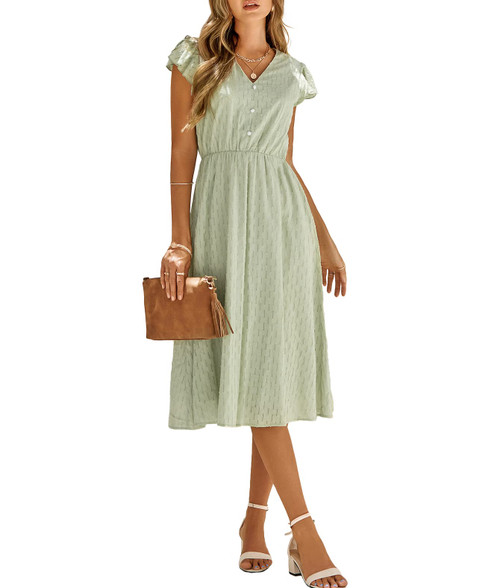 Womens Summer Dress Casual V Neck Ruffle Cap Sleeveless Empire Waist A-Line Swing Midi Sun Dresses Light Green Womens Summer Dress Casual V Neck Ruffle Cap Sleeveless Empire Waist A-Line Swing Midi Sun Dresses Light Green