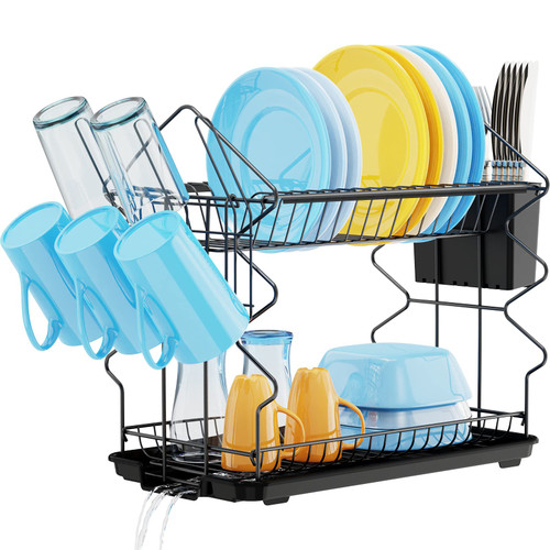 GSlife Dish Drying Rack, Rust-Resistant 2 Tier Dish Rack with Drainboard, Dish Drainer Utensil Holder & Cup Holder Set for Kitchen Counter, Black