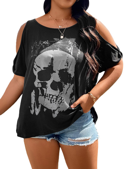 SOLY HUX Women's Plus Size Graphic Tees Skull Print Cold Shoulder Short Sleeve Summer T Shirt Tops Black Skull 2XL