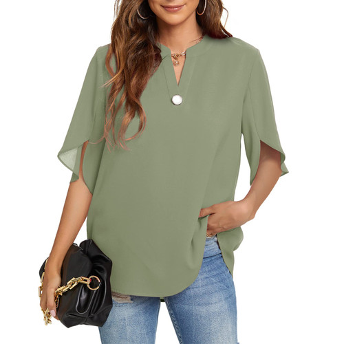 Funlingo Women's Summer Tops Short Sleeve Casual Shirts V Neck Chiffon Dressy Blouse Flowy Tops Spring Clothes Light Green X-Large