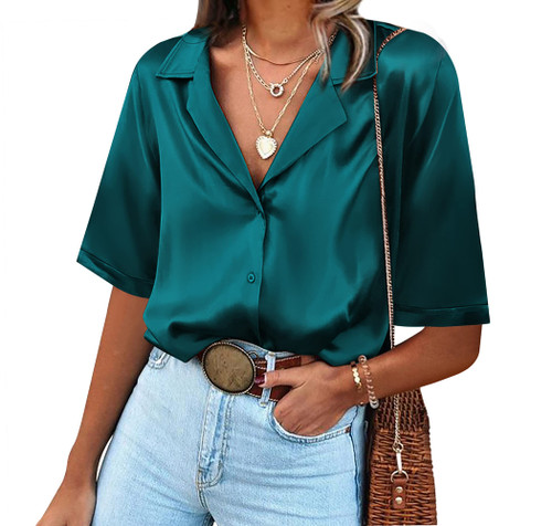 Chigant Women Green Short Sleeve Silk Shirt Button Down Satin Blouse V Neck Shirts Casual