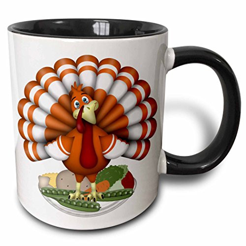 3dRose 216932_4 Cute Large Orange Thanksgiving Turkey On Vegetables Mug, 11 oz, Black