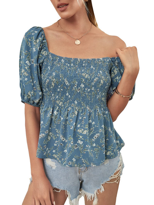 SOLY HUX Women's Ditsy Floral Puff Short Sleeve Square Neck Shirred Ruffle Blouse Top Blue Floral Print M SOLY HUX Women's Ditsy Floral Puff Short Sleeve Square Neck Shirred Ruffle Blouse Top Blue Floral Print M