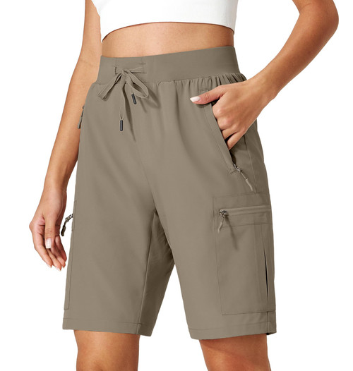 Ksmien Women's Hiking Cargo Shorts Quick Dry Lightweight Summer Shorts with Zipper Pockets for Travel Golf Camping Dark Khaki