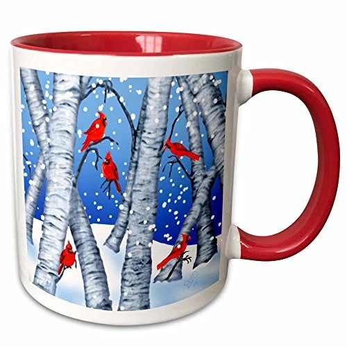 3dRose mug_236302_5 Digital Art Cardinal Birds Sitting in Birch Trees in Winter Snow Ceramic, 11 oz, Red/White