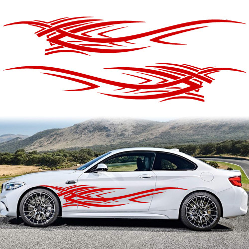 TOMALL 2Pcs 94.4'' Flame Graphics Car Body Side Stickers Flame Racing Sports Stripe Decal for Car Universal Vinyl Self-Adhesive Decal Decoration Accessories for Truck SUV Off-Road Vehicles (Red)