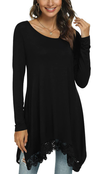 POPYOUNG Womens Fall long Sleeve asymmetrical Lace Hem Loose Tunic Tops Flowy Casual Blouses Shirt XXL, HB Black POPYOUNG Womens Fall long Sleeve asymmetrical Lace Hem Loose Tunic Tops Flowy Casual Blouses Shirt XXL, HB Black