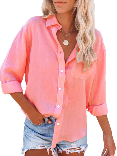 Paintcolors Women's Button Down Shirts Cotton Long Sleeve Blouses V Neck Casual Tunics Solid Color Tops with Pockets-Orange red M