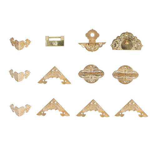 Antique Engraved Latch Hasp Hinges and Box Corner Protectors Hardware Kit - Brass Cabinet Lock Key, Jewelry Box Hinge, Box Hardware, Box Corner Protector for Decoration and Repair