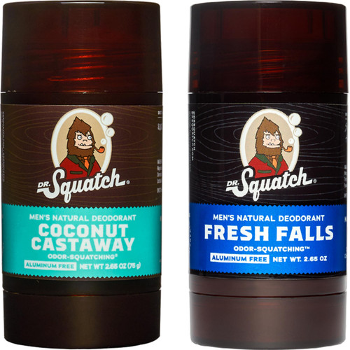 Men's Natural Deodorant - Aluminum-Free Deodorant from Dr. Squatch - Natural Deodorizer - made w/postbiotics & charcoal - Deodorant for Men - Smell fresh with Coconut Castaway and Fresh Falls (2 Pk)