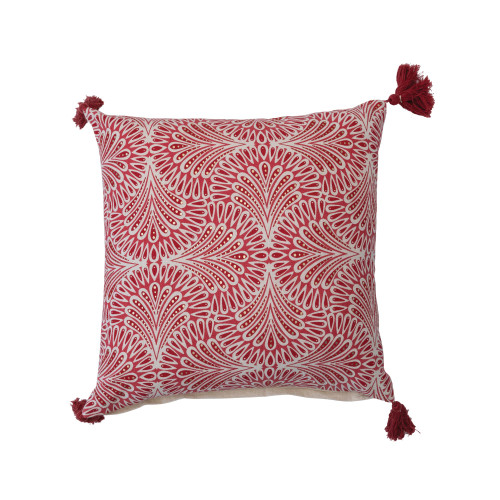 Creative Co-Op 18" Square Cotton Printed Pillow w/Pattern & Tassels, Red, White & Gold Color