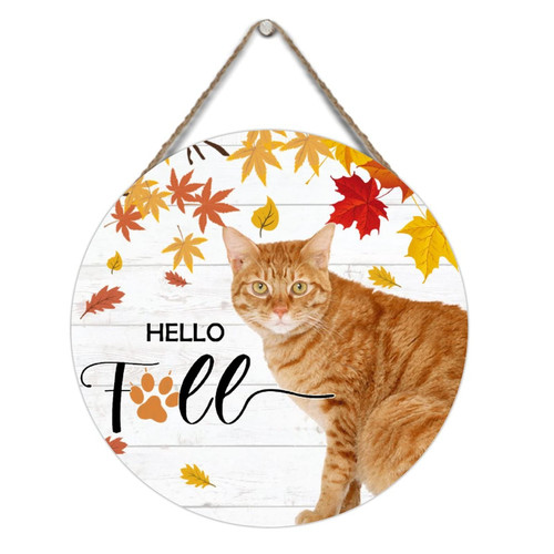 Personalized Rustic Wood Signs Cat Autumn Thanksgiving Hanging Wood Sign 12x12in Round Hello Fall Cat Maple Leaves Thanksgiving Wooden Sign Rustic Farmhouse Sign Decorative Wooden Farm Sign