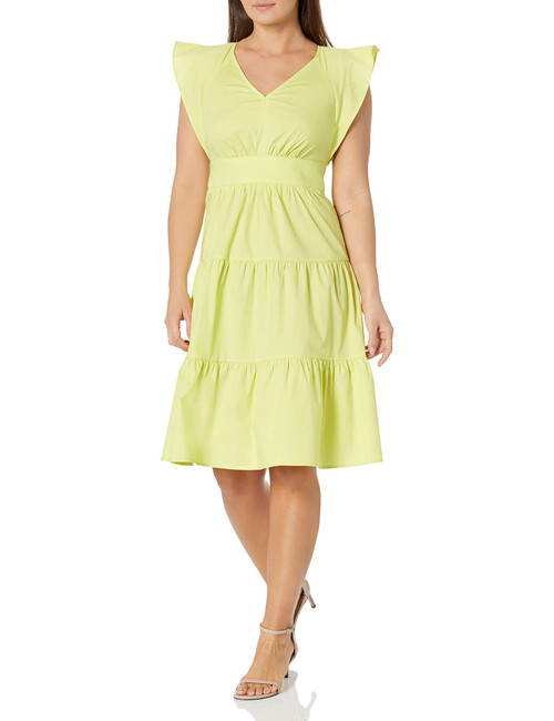 London Times Women's Cotton Poplin V-Neck Tiered Feminine Easy Summer Vacation Dress, Daiduiri Green