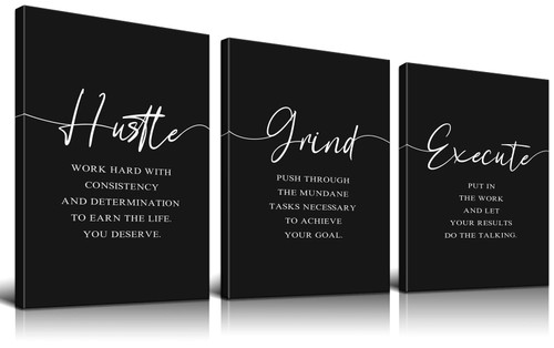 Grind Hustle Execute Wall Art Inspirational Wall Art Motivational Wall Art Office Decor Positive Quotes Wall Decor Motivational Poster Motivational Wall Decor for Office Decor (12''Wx16''Hx3PCS)