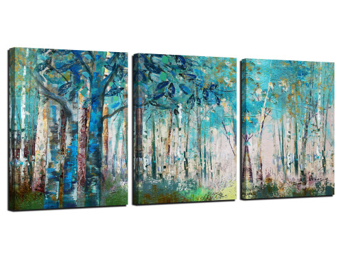 Ardemy Blue Birch Trees Wall Art Forest Landscape Picture Modern Canvas, Summer Nature Teal Abstract Painting Artwork 12"x16"x3 Panels Framed for Bathroom Living Room Bedroom Home Office Wall Decor