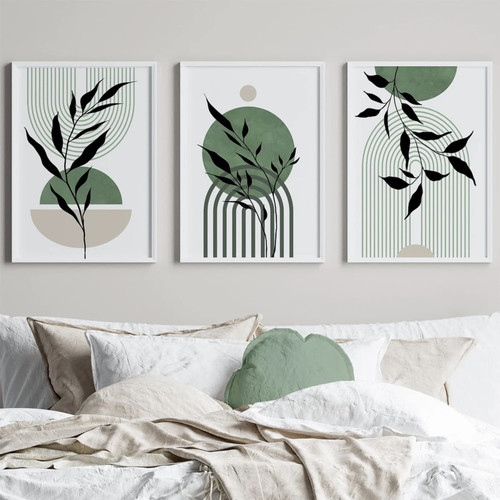 Mid Century Modern Wall Art Set of 3 Sage Green Canvas Wall Art Boho Prints Green Wall Decor Black Beige Abstract Wall Art Picture Mid Century Painting for Living Room Bedroom 16x24 Inch UNFRAMED