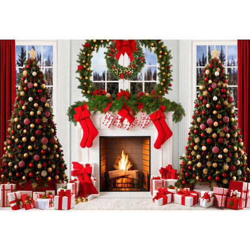 8x6ft Fireplace Christmas Backdrops for Photography Xmas Trees Stocking Photography Background Indoors Winter Holiday Party Decoration New Year Photo Backdrops Studio Booth Props