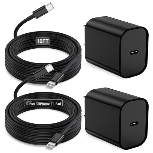 iPhone 14 13 12 Fast Charger(Black), 2Pack 20W PD USB C Wall Charger, Apple MFi Certified Fast Charging with Long 10FT USB-C to Lightning Cable for iPhone 14/13/12/11 Pro Max,Mini,Pro/XR/iPad and More