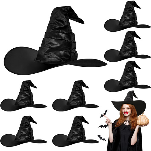 8 Pcs Halloween Witch Hat Large Ruched Witch Hat Wizard Hat Witch Hats for Women Halloween Party Decorations Cosplay Costume Accessory, Black