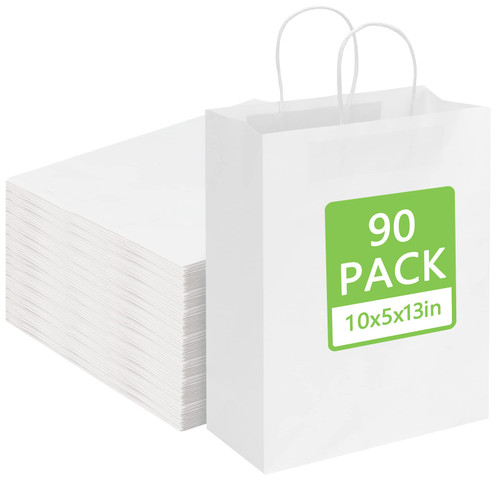 Moretoes 90pcs Paper Gift Bags 10x5x13 Inches White Kraft Paper Bags with Handles Bulk, Shopping Bags, Retail Bags for Small Business, Birthday Wedding Party Favor Bags, Merchandise Bags Moretoes 90pcs Paper Gift Bags 10x5x13 Inches White Kraft Paper Bags with Handles Bulk, Shopping Bags, Retail Bags for Small Business, Birthday Wedding Party Favor Bags, Merchandise Bags