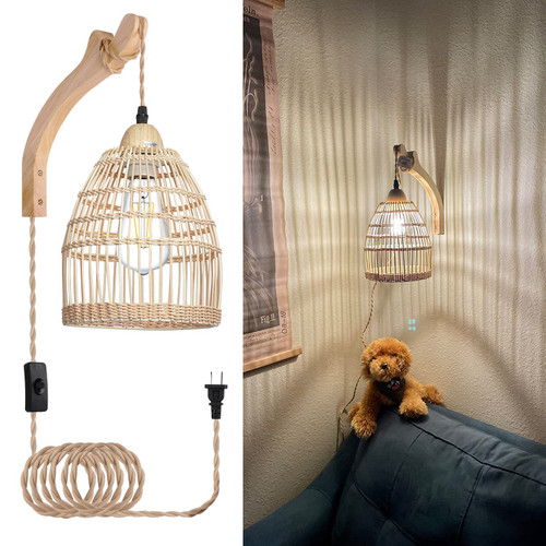 Frideko Rattan Plug in Wall Sconces Wicker Wall Lamp with Plug in Cord Hand Woven Rattan Wall Light Farmhouse Wall Sconce Wall Mounted Light Boho Sconces Wall Lighting for Living Room Bedroom