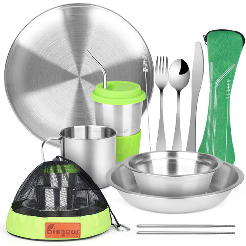 Bisgear Stainless Steel Tableware Mess Kit Includes Plate Bowl Cup Spoon Fork Knife & Mesh Travel Bag for Backpacking & Camping (1-2 Person)