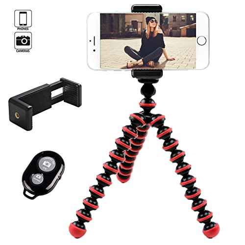 Hi-tec Mini Universal Portable Adjustable Octopus Cell Phone Tripod for Iphone, and Smartphone with Phone Mount Holder and Bluetooth Remote Shutter (Red)