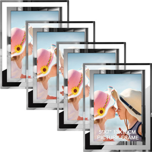 IZIDDO 5x7 Picture Frames Set of 4, Silver Mirror Glass Photo Frame for Tabletop Display, Gifts Picture Frame, Horizontally or Vertically