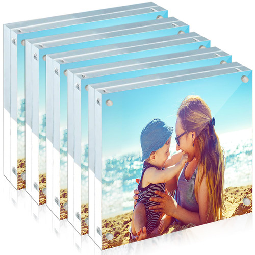 HELPLEX Acrylic Frame, 5 Pack 4x4 Acrylic Picture Frames, 20mm Thicker Frameless Clear Frame Double Sided Magnetic Frame, Free Standing Desktop Display Stand Acrylic Frames
