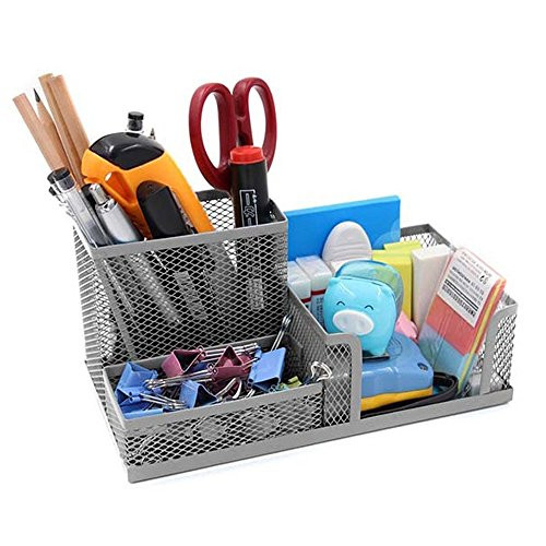 VANRA Metal Mesh Desk Organizer Office Supply Caddy Pen Holder Pencil Cup Desktop Supply Organizer 3 Compartments (Silver)