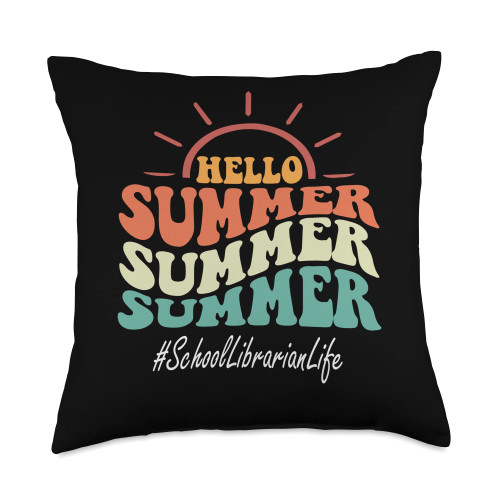 TeeaxArt Retro Groovy Last Day Of School apparel Librarian Groovy Last Day of School Hello Summer Throw Pillow, 18x18, Multicolor