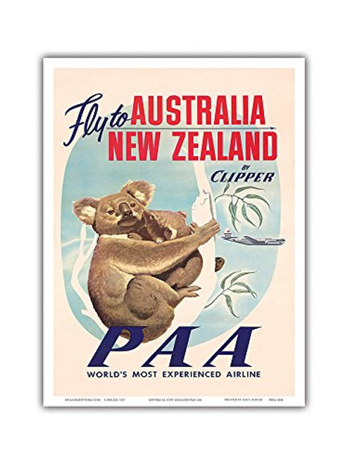 Australia, New Zealand - Pan American Airways (PAA) - Fly to Australia, New Zealand by Clipper - Koala Bears - Vintage Airline Travel Poster c.1950s - Master Art Print - 9in x 12in Australia, New Zealand - Pan American Airways (PAA) - Fly to Australia, New Zealand by Clipper - Koala Bears - Vintage Airline Travel Poster c.1950s - Master Art Print - 9in x 12in