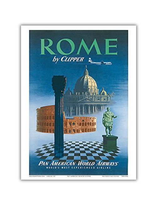 Rome, Italy by Clipper - Pan American World Airways (PAA) - Vintage Airline Travel Poster c.1951 - Master Art Print - 9in x 12in Rome, Italy by Clipper - Pan American World Airways (PAA) - Vintage Airline Travel Poster c.1951 - Master Art Print - 9in x 12in
