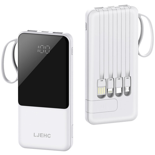 Portable Charger with Built in Cables,10000mAh Slim USB C Power Bank,5 Output 3 Input LED Display High Speed External Battery Pack Travel Phone Charger for iPhone Samsung Pixel LG Moto iPad,White