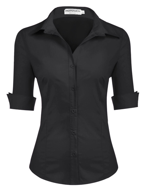 HOTOUCH Womens Cotton Button Down Fitted Button Up Server Uniform Shirt A - Black (Slim Fit, a Size Up for Relaxed Fit), Small, 3/4 Sleeve