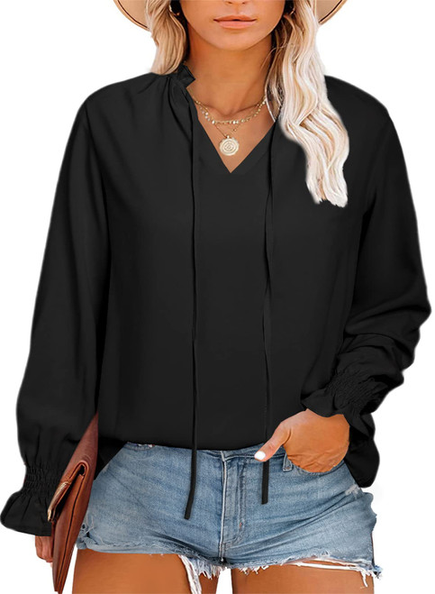 Eytino Women Plus Size V Neck Long Sleeve Drawstring Loose Casual Solid Blouse Shirts,4X Black
