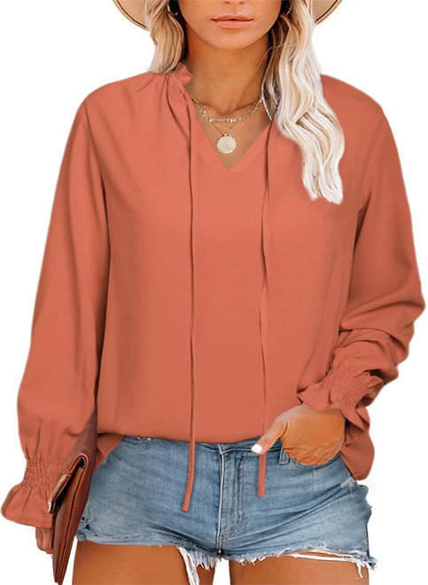 Eytino Women Plus Size Tops Casual Solid V Neck Long Sleeve Drawstring Blouses Shirts,3X Red