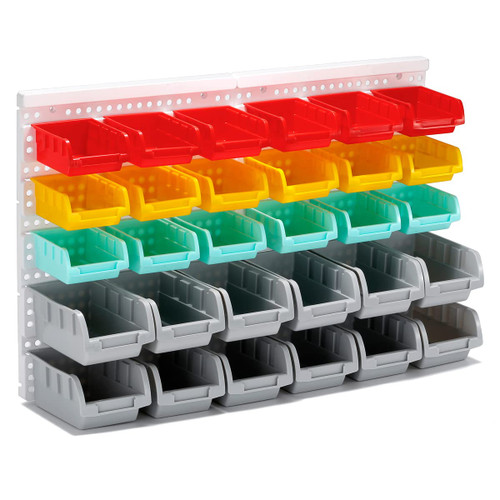 MULSAME Garage Storage Bins White Wall Mounted Parts Rack with 4 Colors 30PC Bin Organizer, Stackable Garage Plastic Shop Tool, Garage Organizers and Storage Nuts and Bolts
